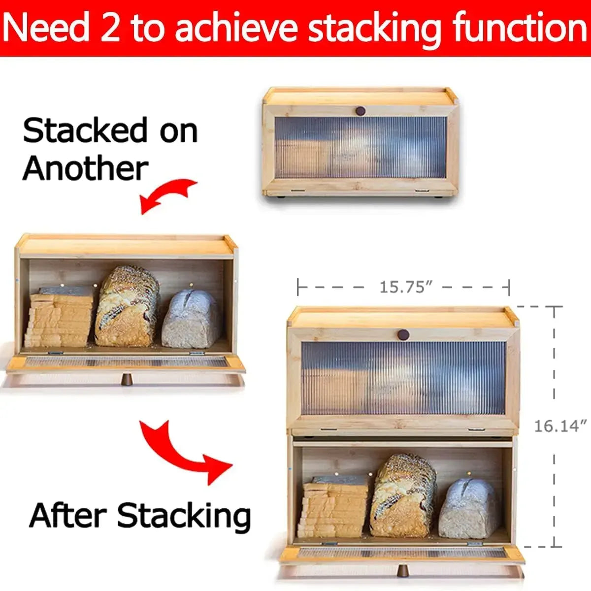 CARLA HOME Bamboo Bread Box, Kitchen Countertop Storage, Window Bread Holder - Image 4
