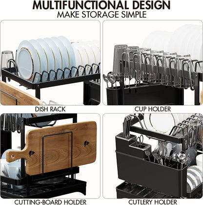 CARLA HOME 2-Tier Dish Drying Rack with Drainage Tray, Utensil Holder, Cup Hooks & Cutting Board Slot for Countertop Kitchen Storage (Black) - Image 3