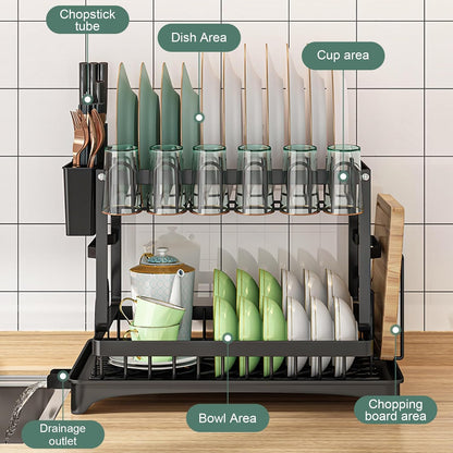 CARLA HOME 2-Tier Dish Drying Rack with Drainage Tray, Utensil Holder, Cup Hooks & Cutting Board Slot for Countertop Kitchen Storage (Black) - Image 4