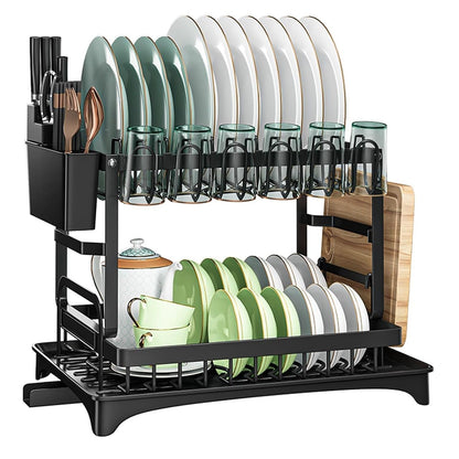 CARLA HOME 2-Tier Dish Drying Rack with Drainage Tray, Utensil Holder, Cup Hooks & Cutting Board Slot for Countertop Kitchen Storage (Black) - Image 9