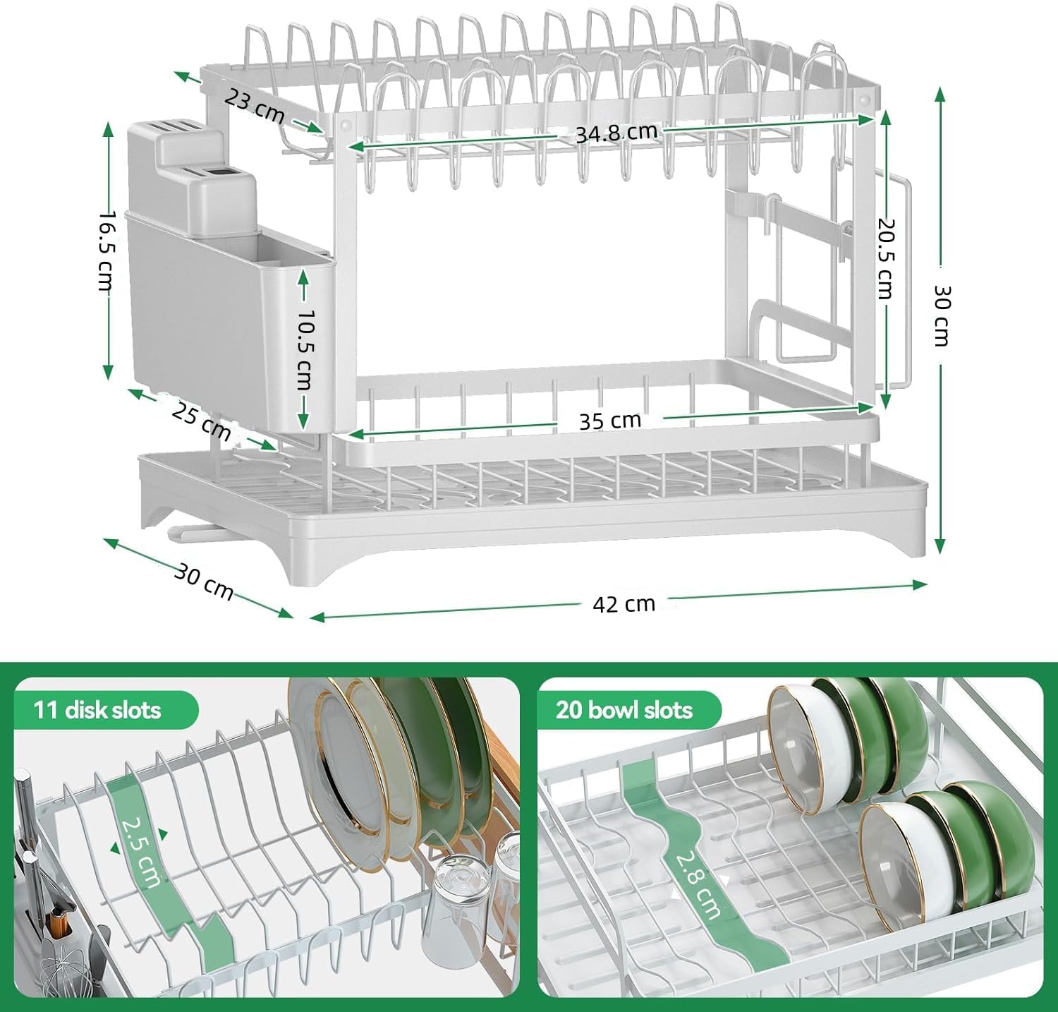 CARLA HOME 2-Tier Dish Drying Rack with Drainage Tray, Utensil Holder, Cup Hooks & Cutting Board Slot for Countertop Kitchen Storage (White) - Image 2