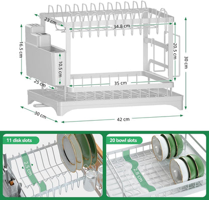 CARLA HOME 2-Tier Dish Drying Rack with Drainage Tray, Utensil Holder, Cup Hooks & Cutting Board Slot for Countertop Kitchen Storage (White) - Image 2