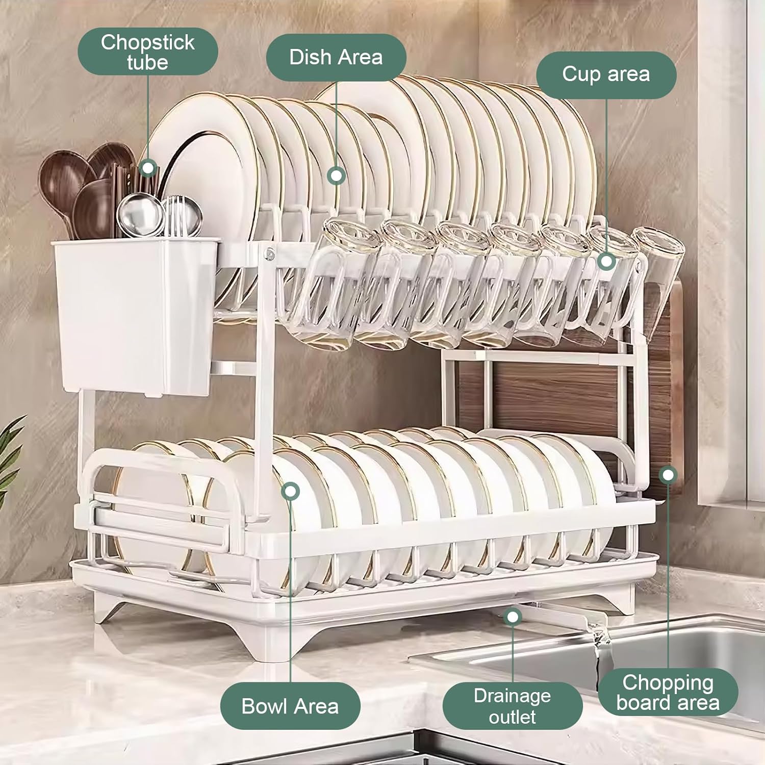 CARLA HOME 2-Tier Dish Drying Rack with Drainage Tray, Utensil Holder, Cup Hooks & Cutting Board Slot for Countertop Kitchen Storage (White) - Image 3