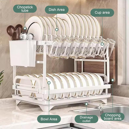 CARLA HOME 2-Tier Dish Drying Rack with Drainage Tray, Utensil Holder, Cup Hooks & Cutting Board Slot for Countertop Kitchen Storage (White) - Image 3