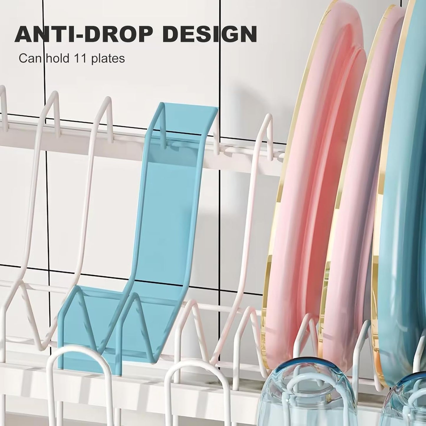 CARLA HOME 2-Tier Dish Drying Rack with Drainage Tray, Utensil Holder, Cup Hooks & Cutting Board Slot for Countertop Kitchen Storage (White) - Image 6