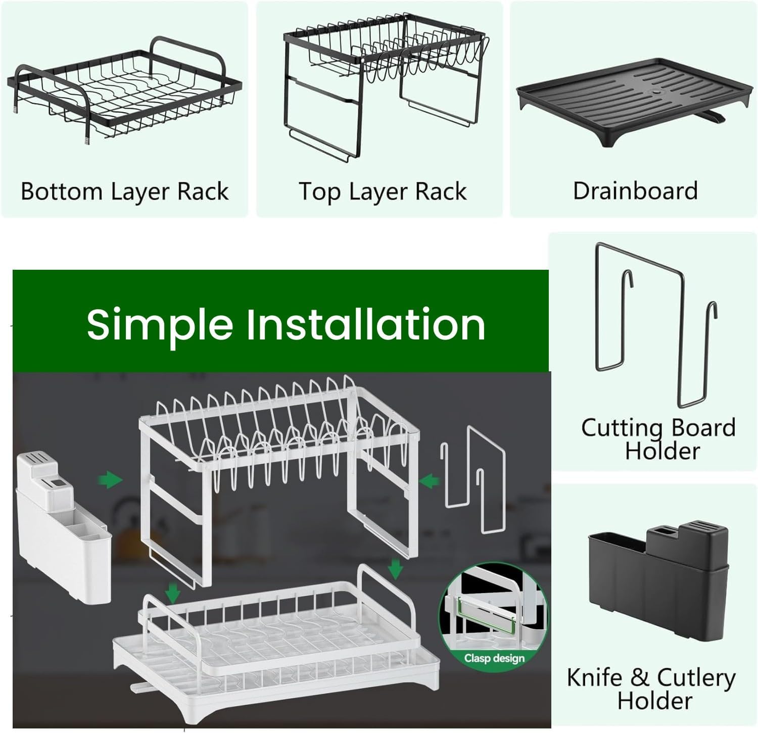 CARLA HOME 2-Tier Dish Drying Rack with Drainage Tray, Utensil Holder, Cup Hooks & Cutting Board Slot for Countertop Kitchen Storage (White) - Image 8