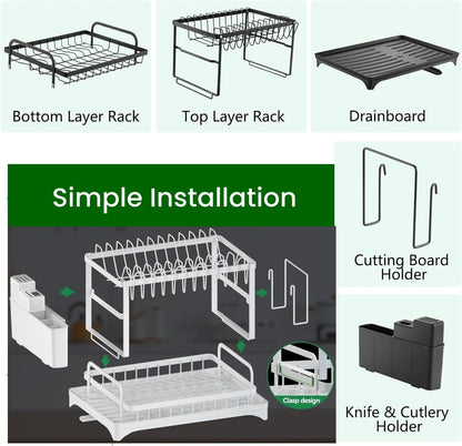 CARLA HOME 2-Tier Dish Drying Rack with Drainage Tray, Utensil Holder, Cup Hooks & Cutting Board Slot for Countertop Kitchen Storage (White) - Image 8