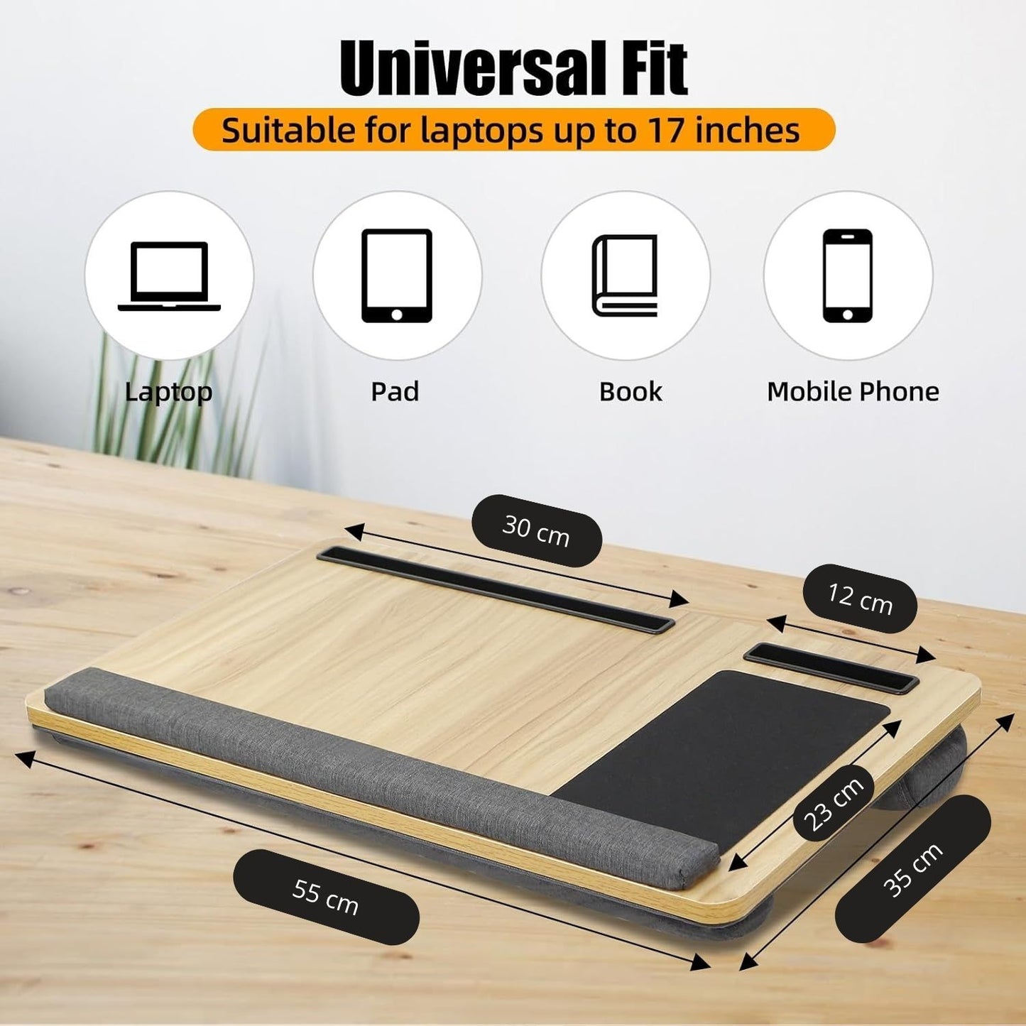 CARLA HOME Oversized Portable Lap Desk with Cushion,Mouse Pad, Tablet and Phone Holder which Fits Up to 17 Inch Laptops for Bed or Sofa (Brown) - Image 2