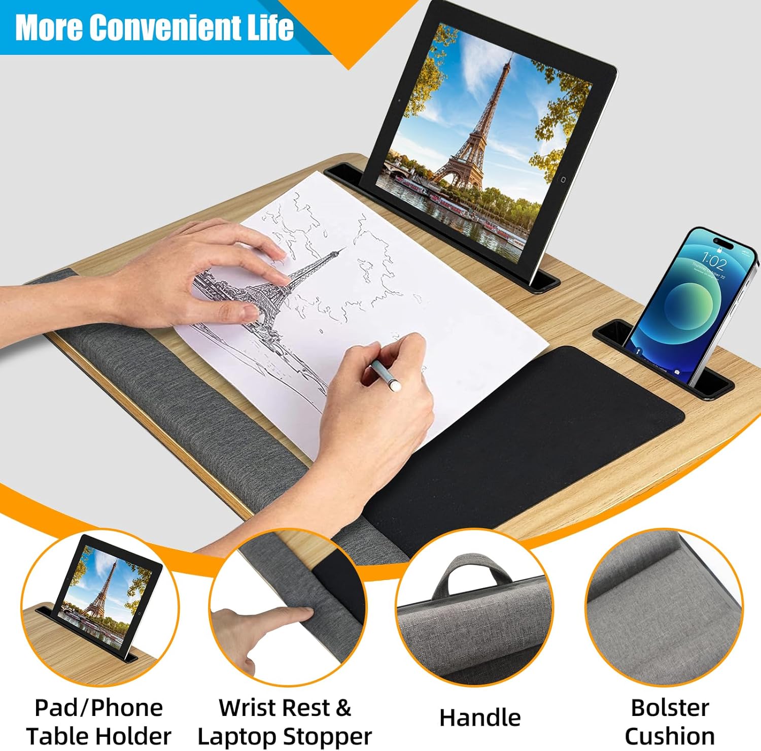 CARLA HOME Oversized Portable Lap Desk with Cushion,Mouse Pad, Tablet and Phone Holder which Fits Up to 17 Inch Laptops for Bed or Sofa (Brown) - Image 5