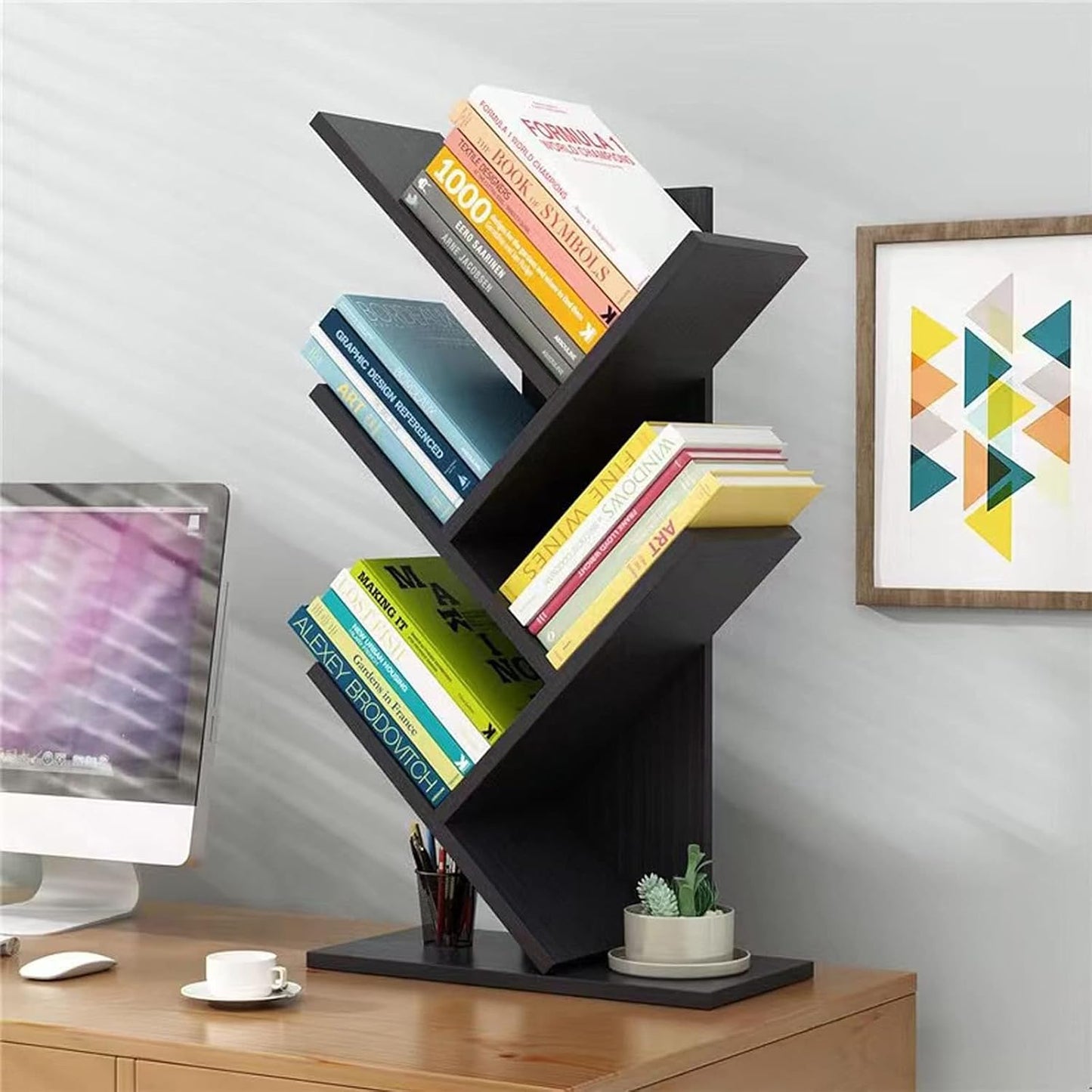 CARLA HOME 5-Tier Tree Bookshelf Storage Rack for Home Office or Bedroom (Black)