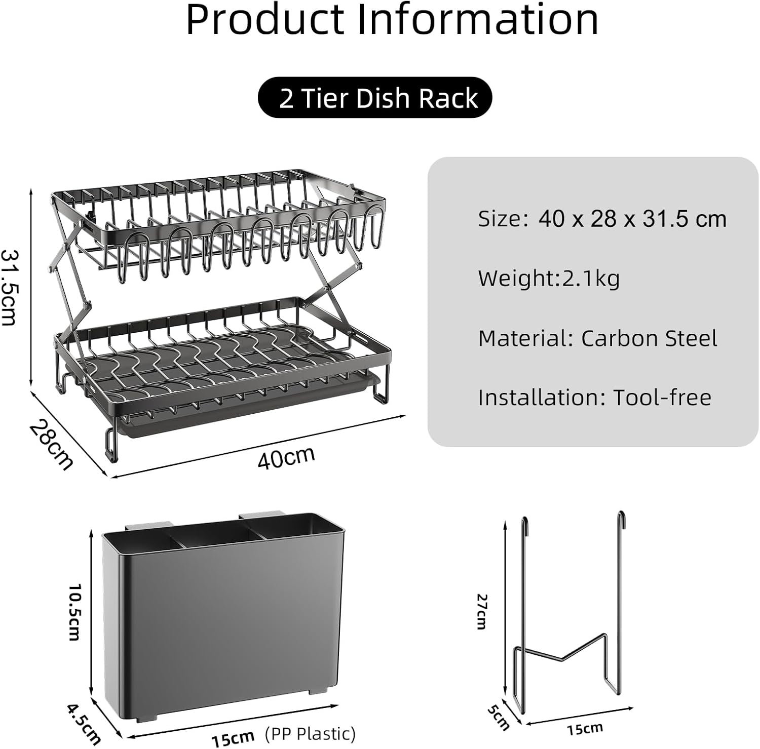 CARLA HOME 2-Tier Dish Drying Rack with Drainage Tray, Utensil Holder, Cup Hooks & Cutting Board Rack for Kitchen (Black) - Image 2