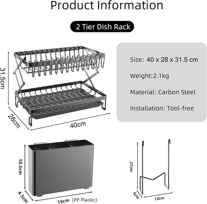 CARLA HOME 2-Tier Dish Drying Rack with Drainage Tray, Utensil Holder, Cup Hooks & Cutting Board Rack for Kitchen (Black) - Image 2
