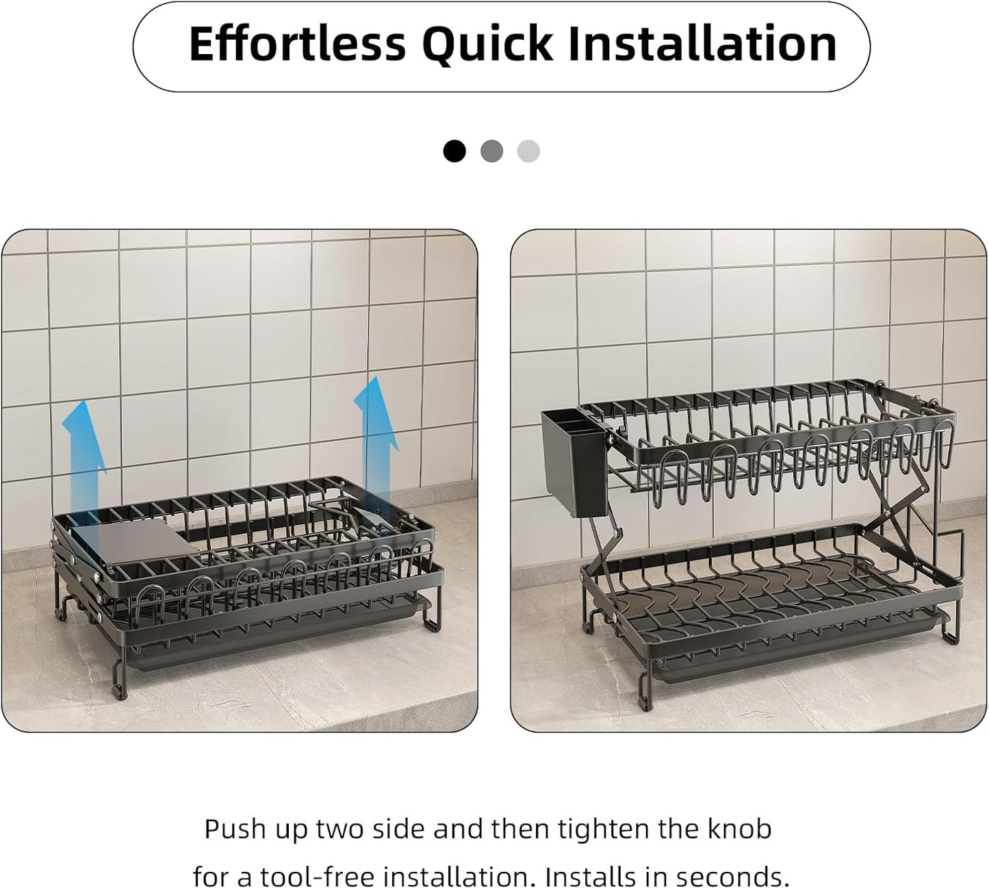 CARLA HOME 2-Tier Dish Drying Rack with Drainage Tray, Utensil Holder, Cup Hooks & Cutting Board Rack for Kitchen (Black) - Image 4