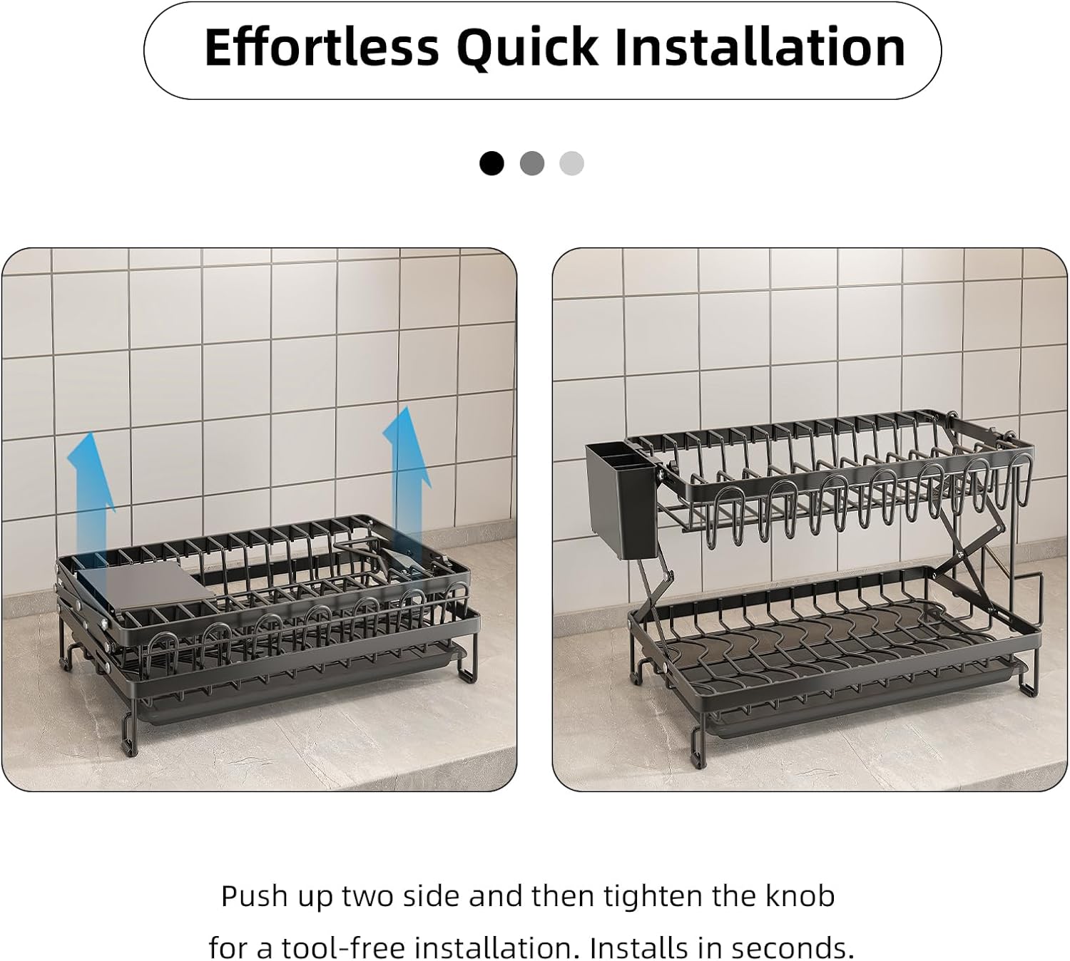 CARLA HOME 2-Tier Dish Drying Rack with Drainage Tray, Utensil Holder, Cup Hooks & Cutting Board Rack for Kitchen (Black) - Image 4