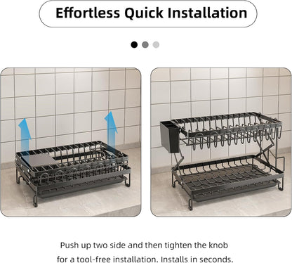 CARLA HOME 2-Tier Dish Drying Rack with Drainage Tray, Utensil Holder, Cup Hooks & Cutting Board Rack for Kitchen (Black) - Image 4