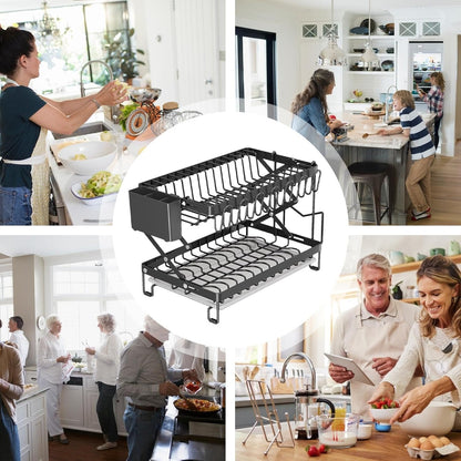 CARLA HOME 2-Tier Dish Drying Rack with Drainage Tray, Utensil Holder, Cup Hooks & Cutting Board Rack for Kitchen (Black) - Image 9