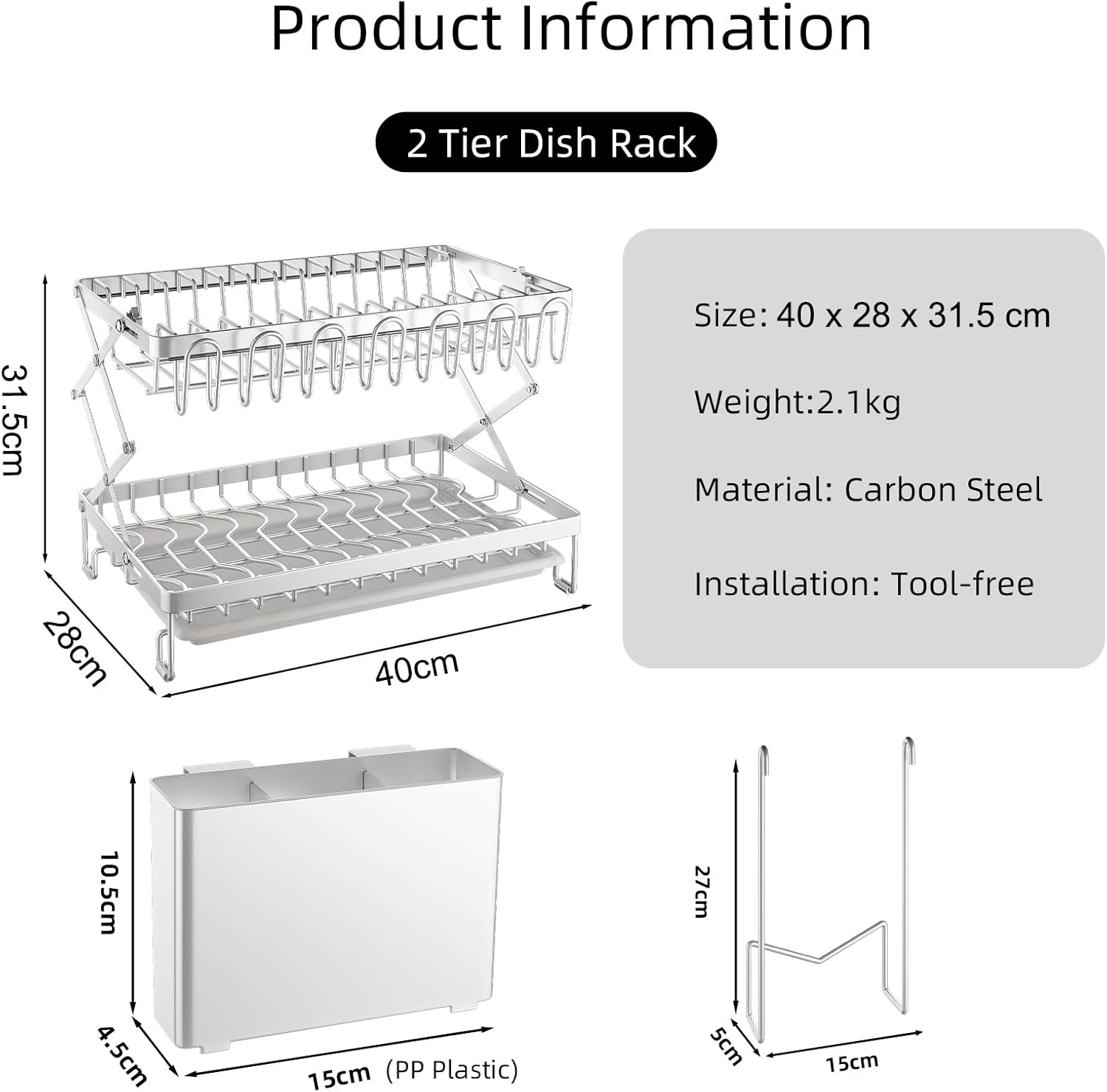 CARLA HOME 2-Tier Dish Drying Rack with Drainage Tray, Utensil Holder, Cup Hooks & Cutting Board Rack for Kitchen (White) - Image 2