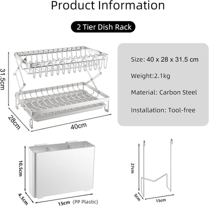CARLA HOME 2-Tier Dish Drying Rack with Drainage Tray, Utensil Holder, Cup Hooks & Cutting Board Rack for Kitchen (White) - Image 2