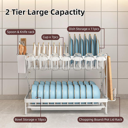 CARLA HOME 2-Tier Dish Drying Rack with Drainage Tray, Utensil Holder, Cup Hooks & Cutting Board Rack for Kitchen (White) - Image 4