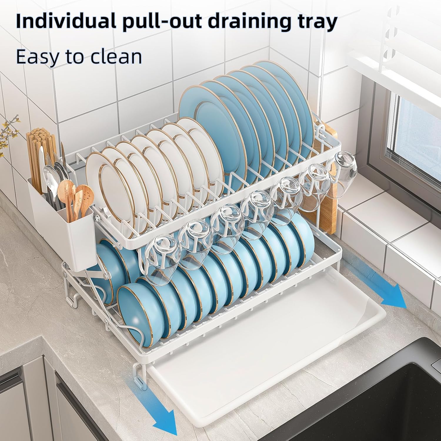 CARLA HOME 2-Tier Dish Drying Rack with Drainage Tray, Utensil Holder, Cup Hooks & Cutting Board Rack for Kitchen (White) - Image 5