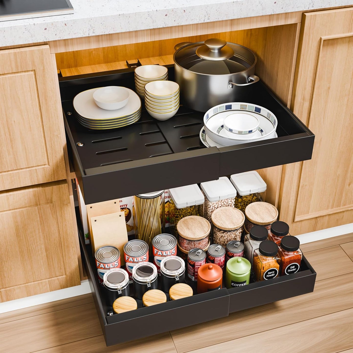CARLA HOME Pack Pull Out Cabinet Organizer Expandable for Cabinets with Adjustable Slide Out Shelves and Easy Installation (Black)