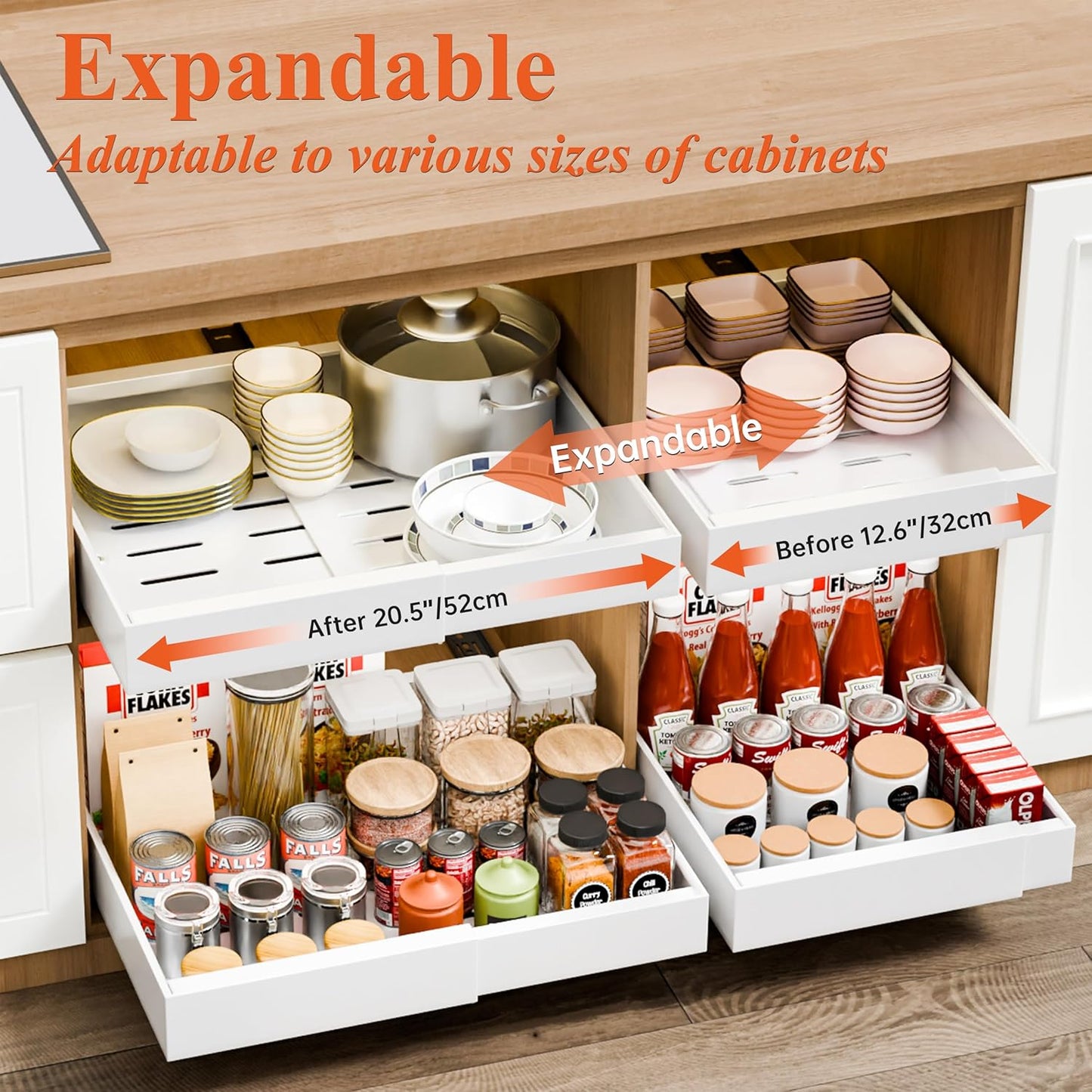 CARLA HOME Pack Pull Out Cabinet Organizer Expandable for Cabinets with Adjustable Slide Out Shelves and Easy Installation (White) - Image 3