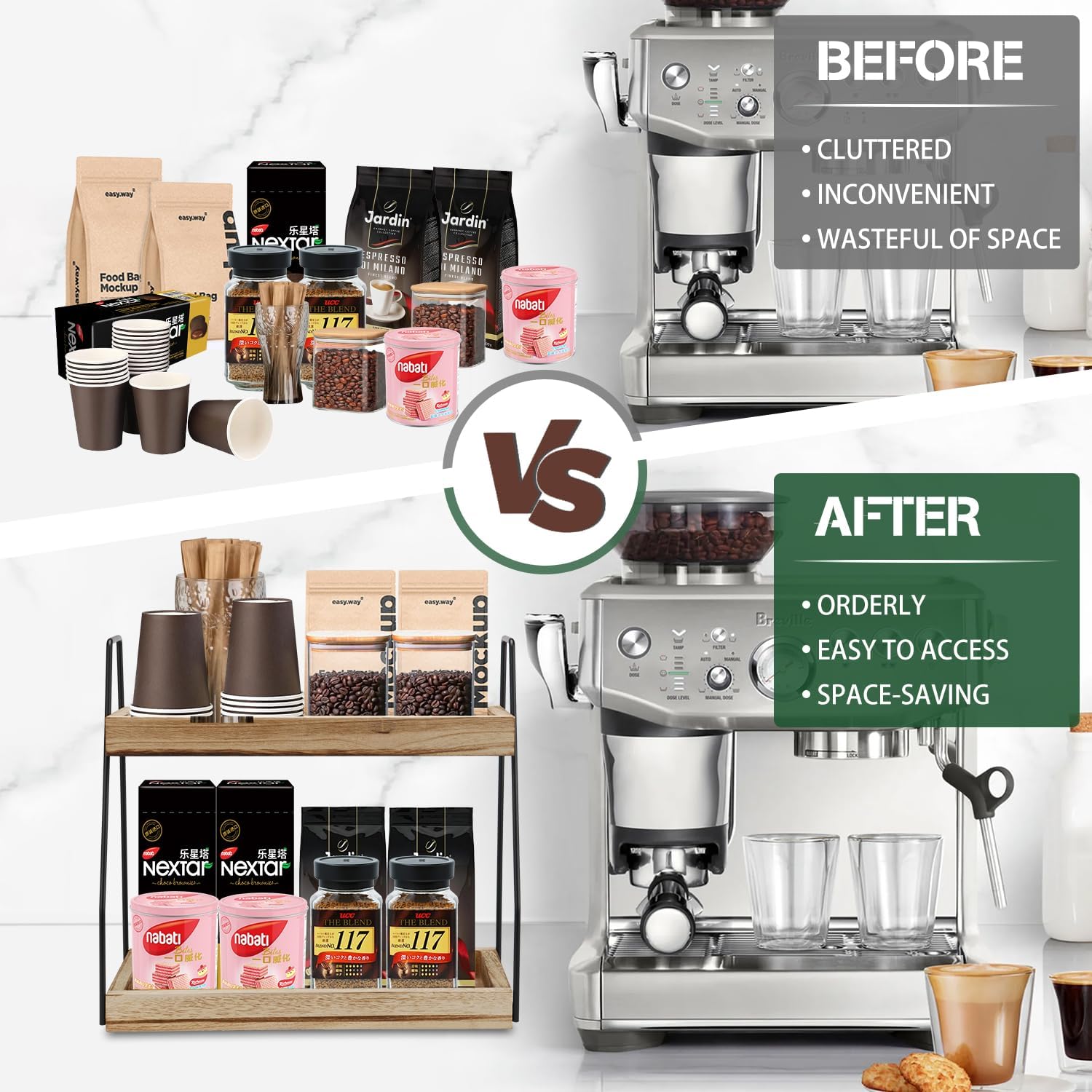 CARLA HOME 2-Tier Wooden Coffee Station Rack Organizer for Coffee Bar, Condiments, Syrups, Storage Jars & Spice Storage Shelf - Image 3