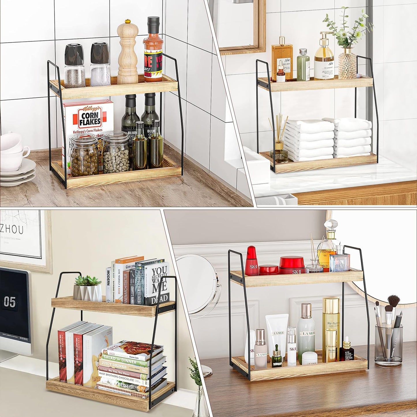 CARLA HOME 2-Tier Wooden Coffee Station Rack Organizer for Coffee Bar, Condiments, Syrups, Storage Jars & Spice Storage Shelf - Image 4