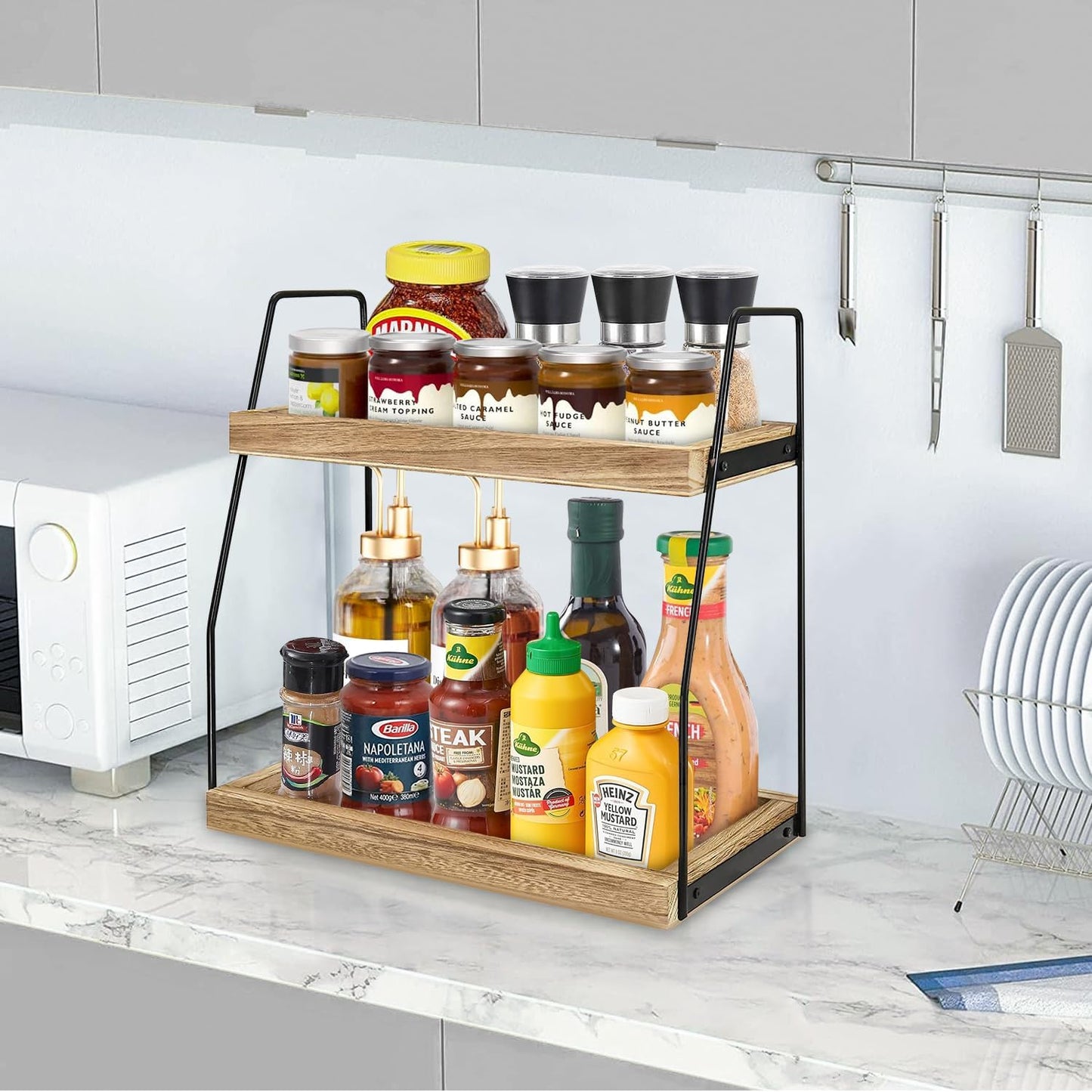 CARLA HOME 2-Tier Wooden Coffee Station Rack Organizer for Coffee Bar, Condiments, Syrups, Storage Jars & Spice Storage Shelf - Image 5