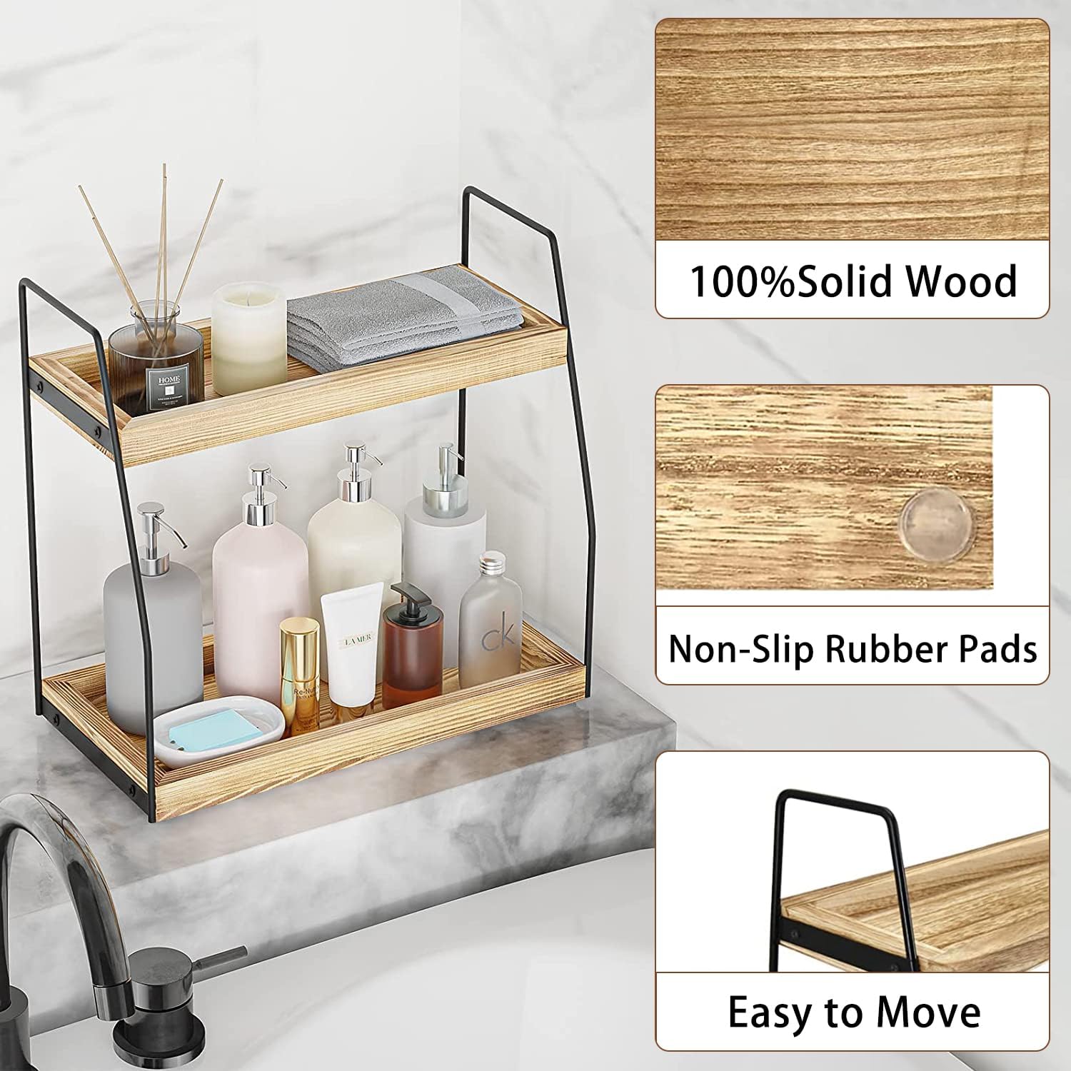 CARLA HOME 2-Tier Wooden Coffee Station Rack Organizer for Coffee Bar, Condiments, Syrups, Storage Jars & Spice Storage Shelf - Image 6