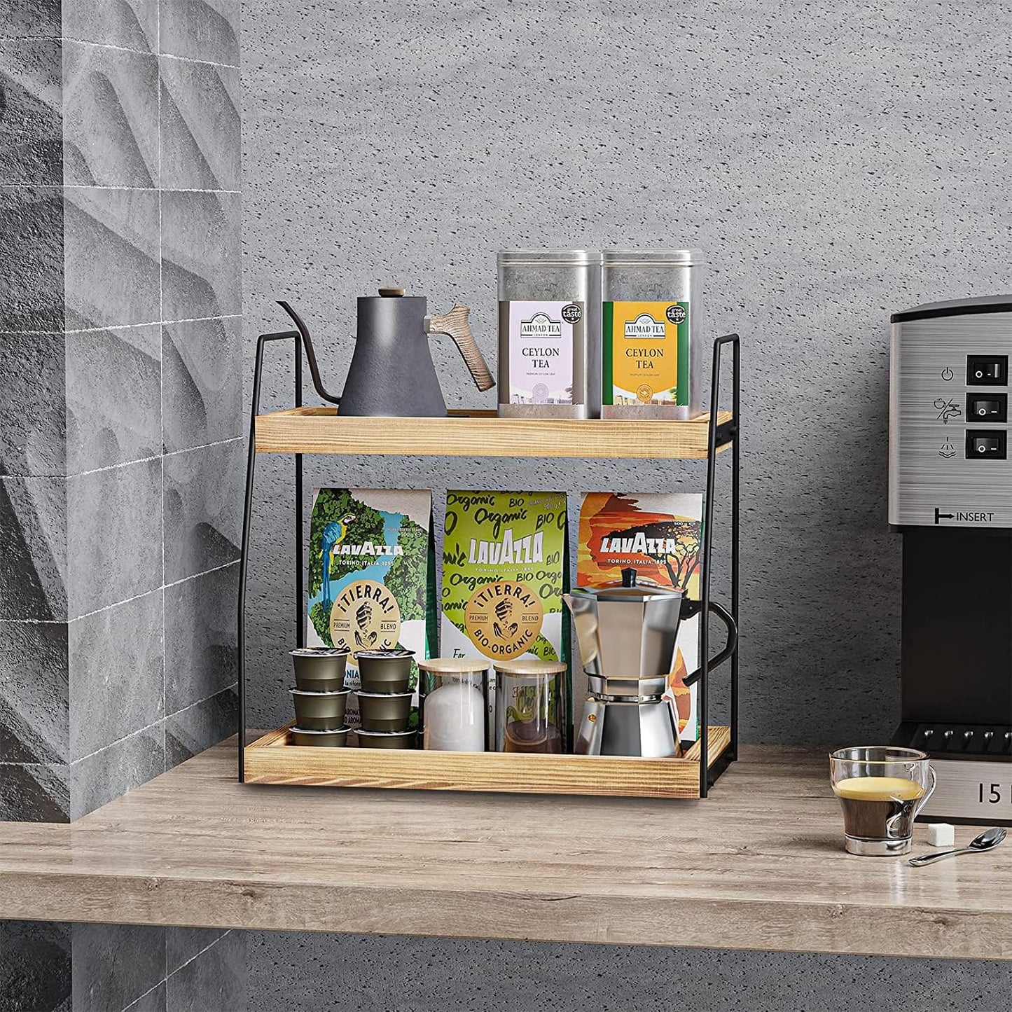 CARLA HOME 2-Tier Wooden Coffee Station Rack Organizer for Coffee Bar, Condiments, Syrups, Storage Jars & Spice Storage Shelf - Image 7
