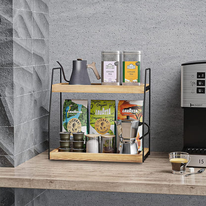 CARLA HOME 2-Tier Wooden Coffee Station Rack Organizer for Coffee Bar, Condiments, Syrups, Storage Jars & Spice Storage Shelf - Image 7