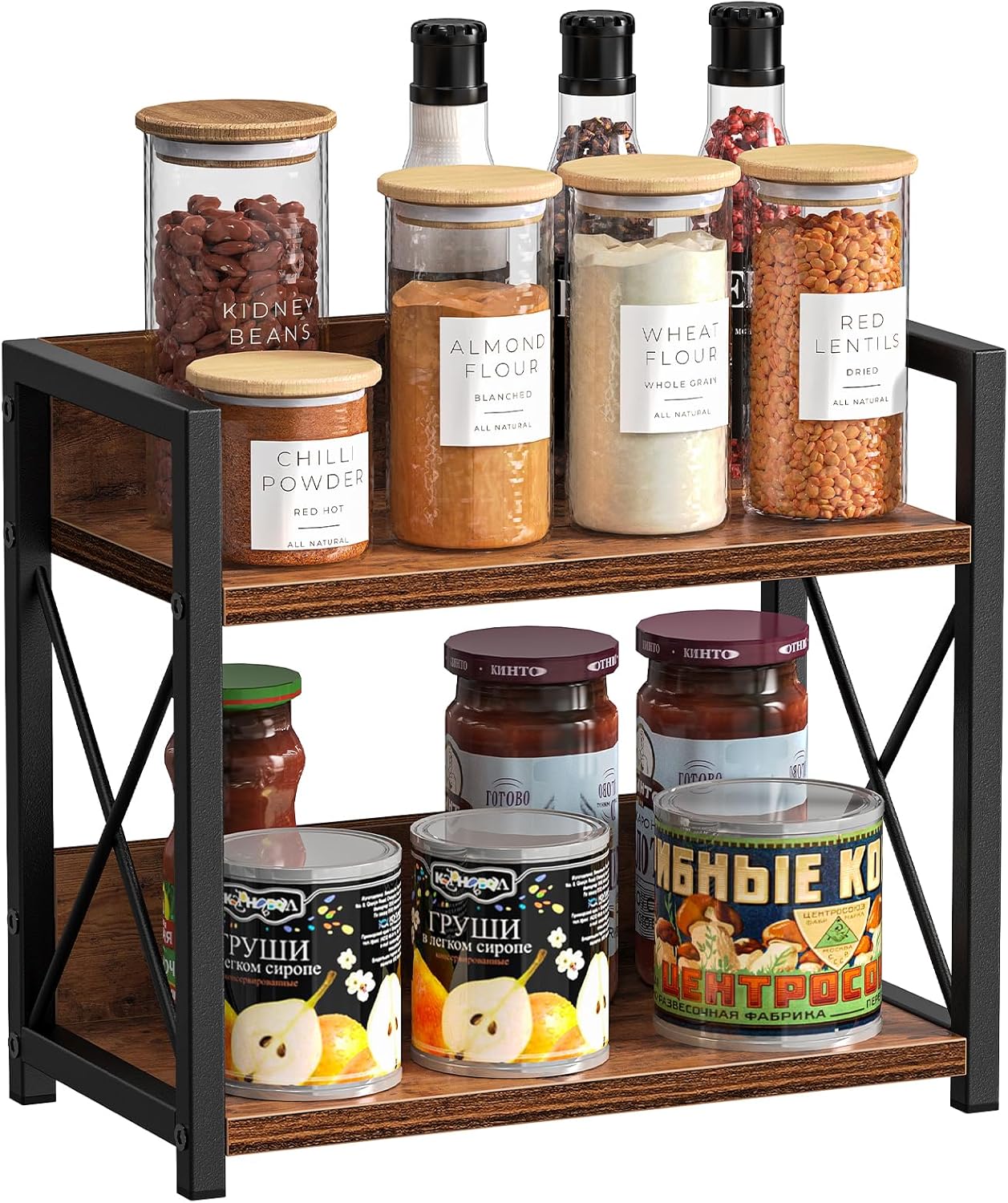 CARLA HOME 2-Tier Countertop Shelf Organizer Rustic Wood Kitchen Spice Rack for Storage, Condiments & Cabinet Organization - Image 2