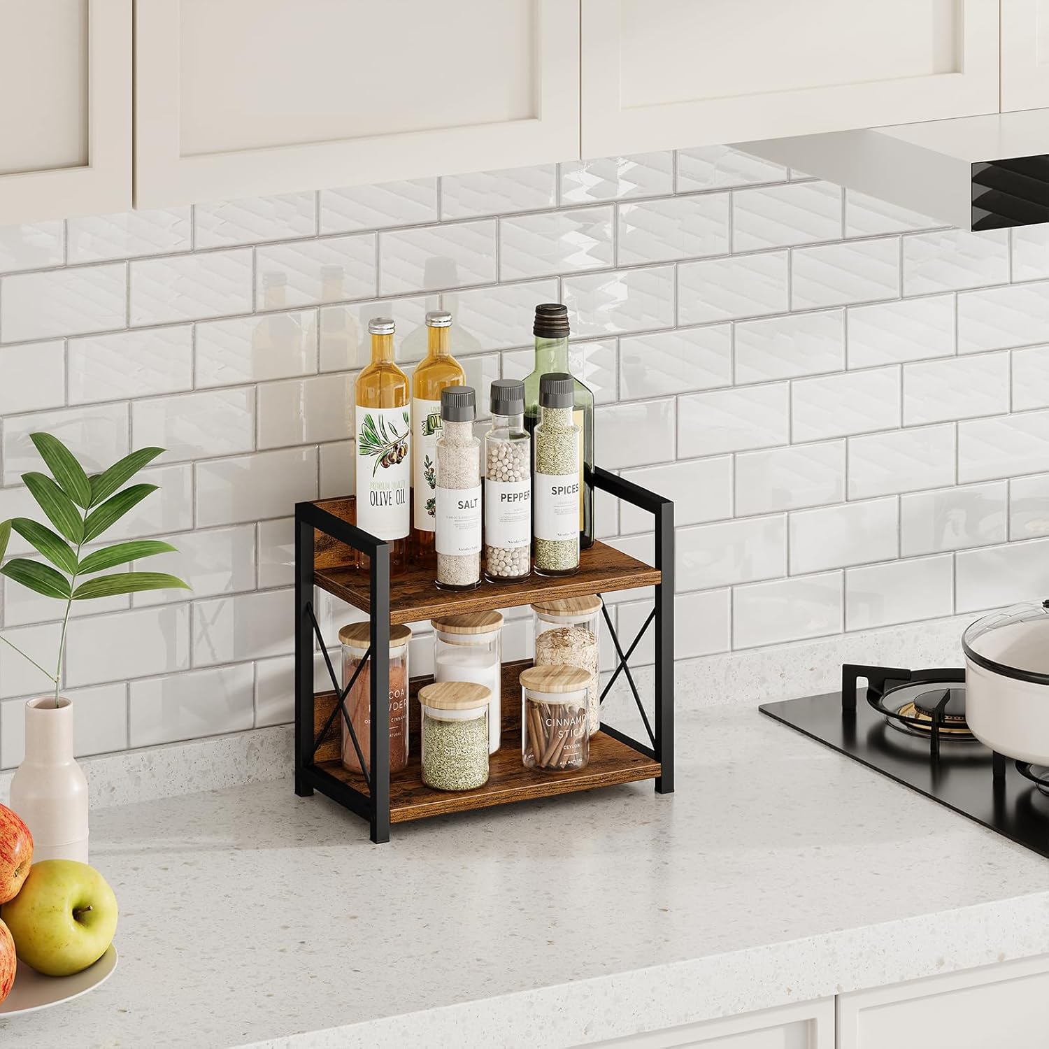 CARLA HOME 2-Tier Countertop Shelf Organizer Rustic Wood Kitchen Spice Rack for Storage, Condiments & Cabinet Organization - Image 3
