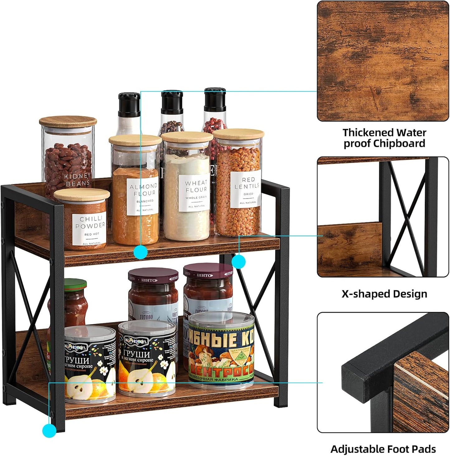CARLA HOME 2-Tier Countertop Shelf Organizer Rustic Wood Kitchen Spice Rack for Storage, Condiments & Cabinet Organization - Image 4