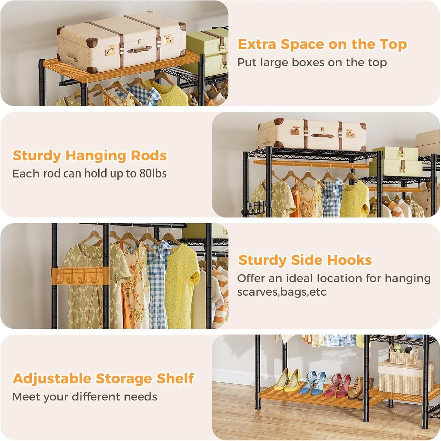 CARLA HOME Heavy Duty Clothing Garment Rack Organizer with Hanging Rods & Storage Shelves for Clothes, Shoes & Wardrobe - Image 5