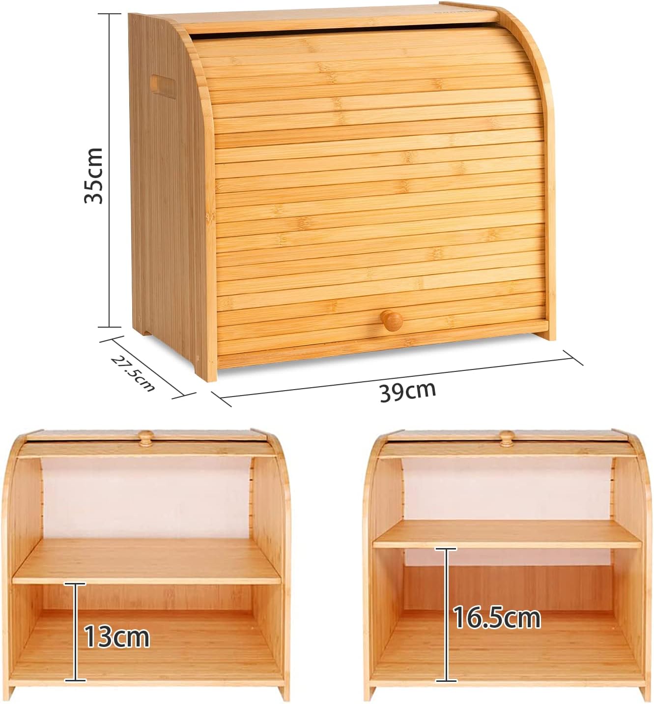 CARLA HOME Large Bamboo Bread Box Storage Organizer with Roll Top for Kitchen Counter - Image 2