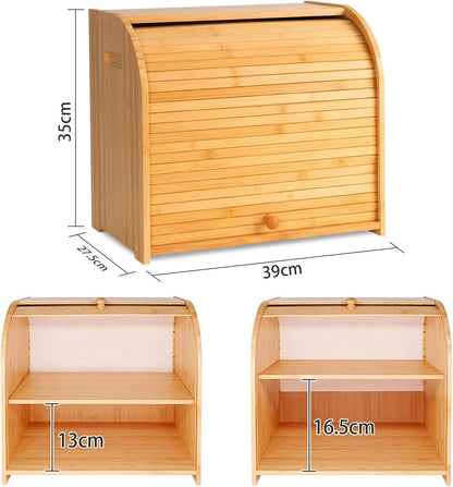 CARLA HOME Large Bamboo Bread Box Storage Organizer with Roll Top for Kitchen Counter - Image 2