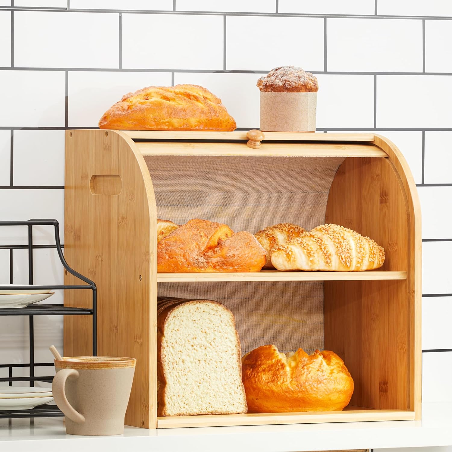 CARLA HOME Large Bamboo Bread Box Storage Organizer with Roll Top for Kitchen Counter - Image 3