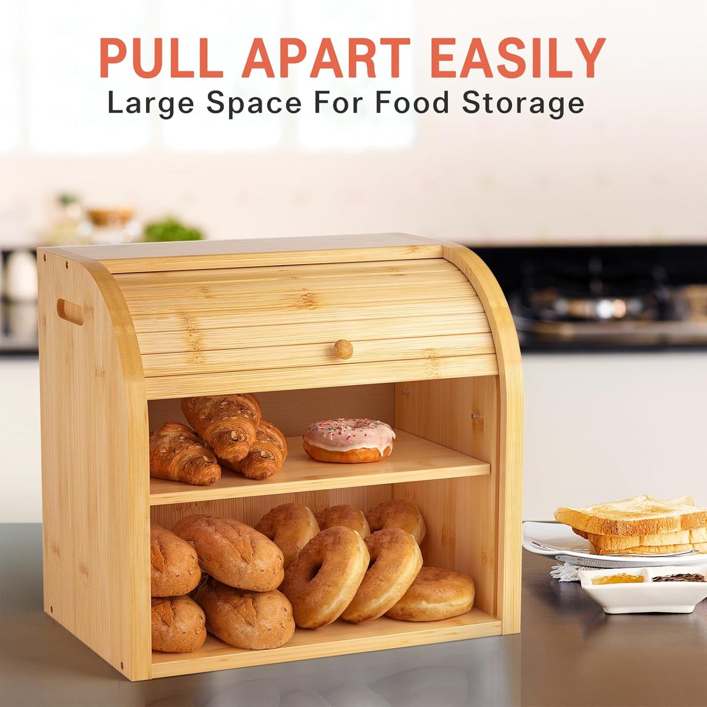 CARLA HOME Large Bamboo Bread Box Storage Organizer with Roll Top for Kitchen Counter - Image 4
