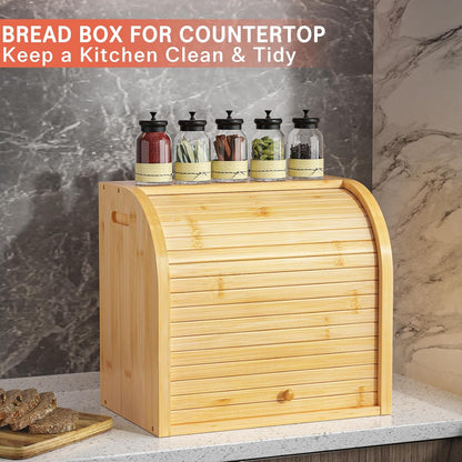 CARLA HOME Large Bamboo Bread Box Storage Organizer with Roll Top for Kitchen Counter - Image 6