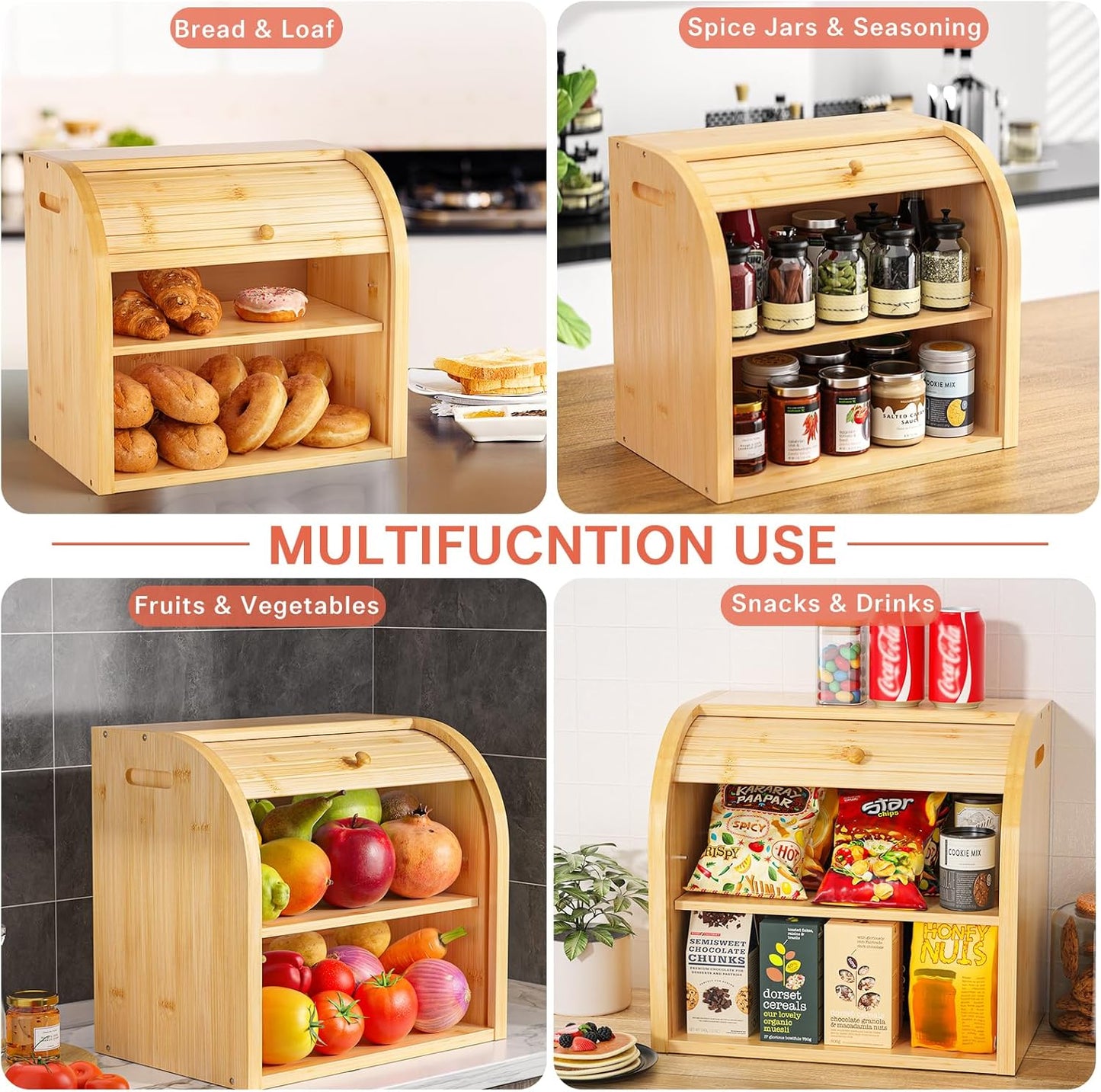 CARLA HOME Large Bamboo Bread Box Storage Organizer with Roll Top for Kitchen Counter - Image 7