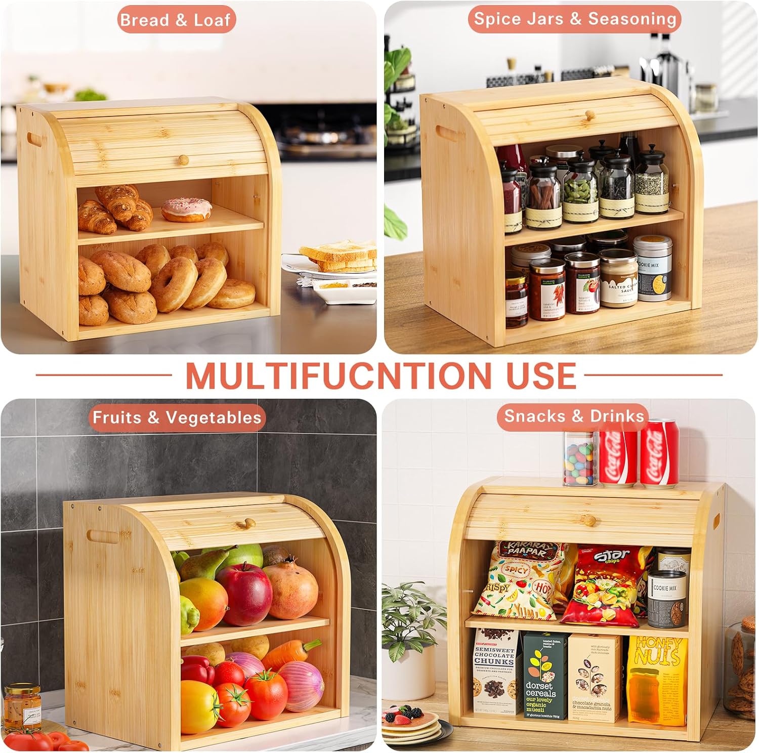 CARLA HOME Large Bamboo Bread Box Storage Organizer with Roll Top for Kitchen Counter - Image 7