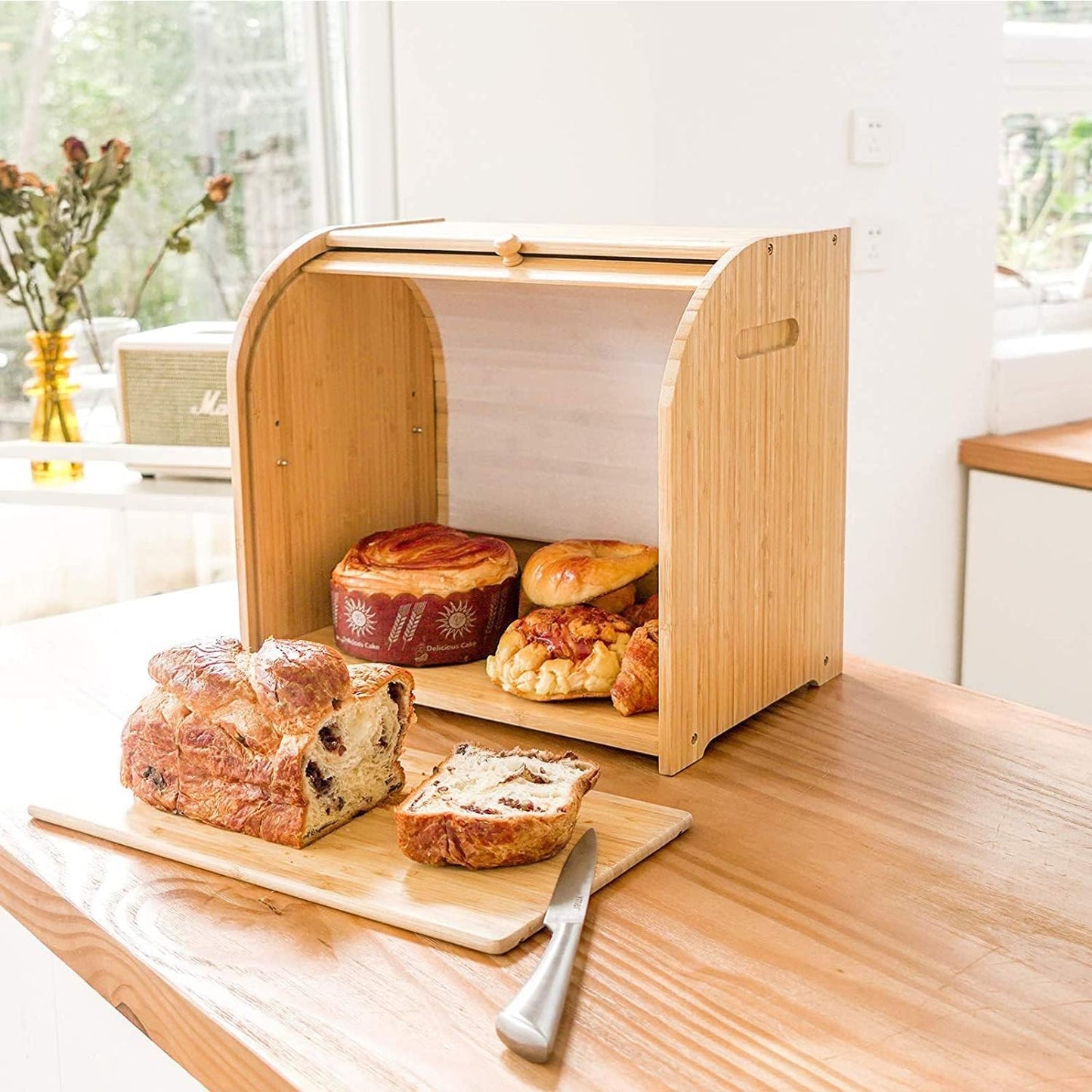 CARLA HOME Large Bamboo Bread Box Storage Organizer with Roll Top for Kitchen Counter - Image 8