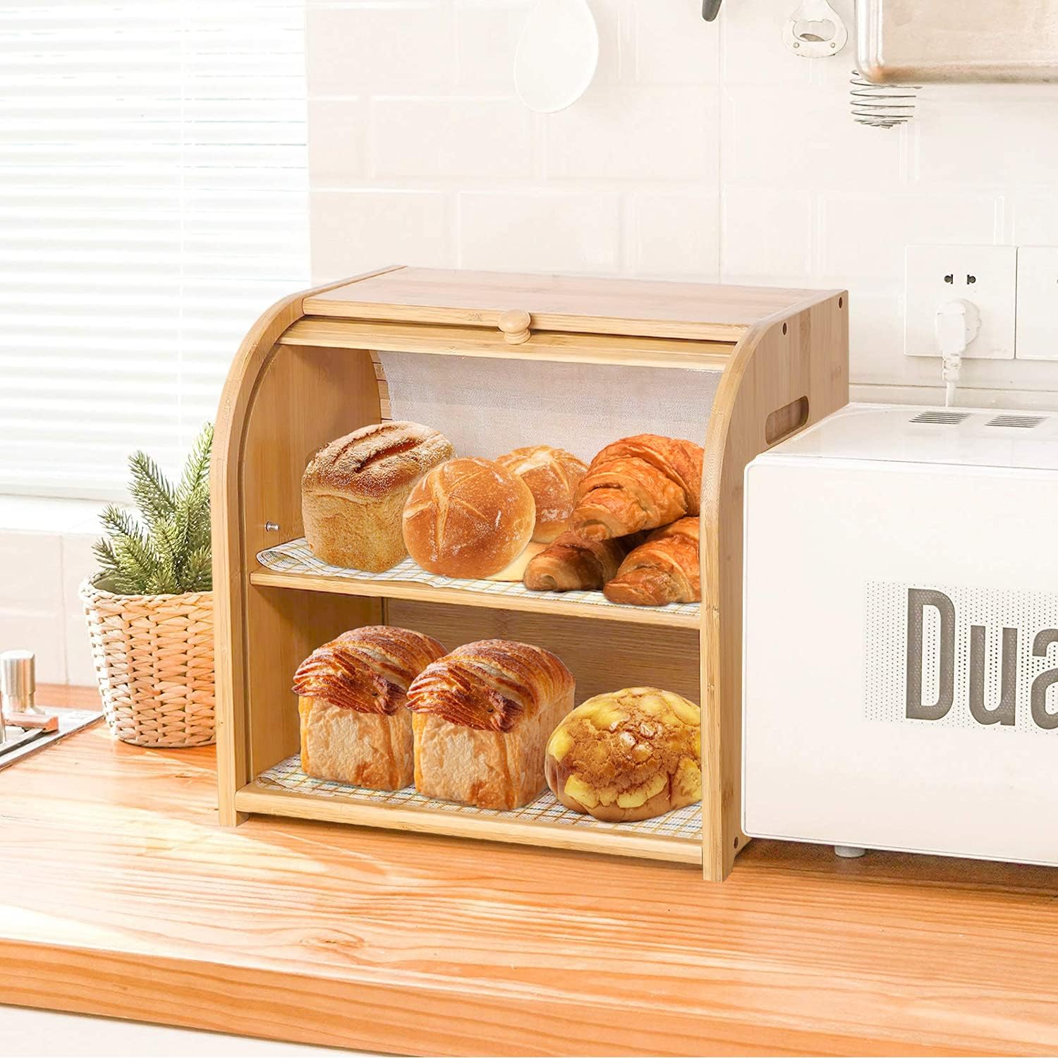 CARLA HOME Large Bamboo Bread Box Storage Organizer with Roll Top for Kitchen Counter - Image 9