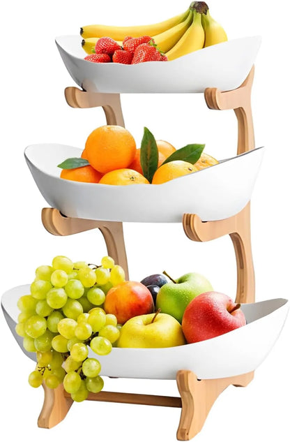 CARLA HOME 3-Tier Plastic Fruit Bowl Basket with Bamboo Stand for Kitchen Counter, Snack Tray, Dessert Server & Vegetable Storage Rack - Image 3