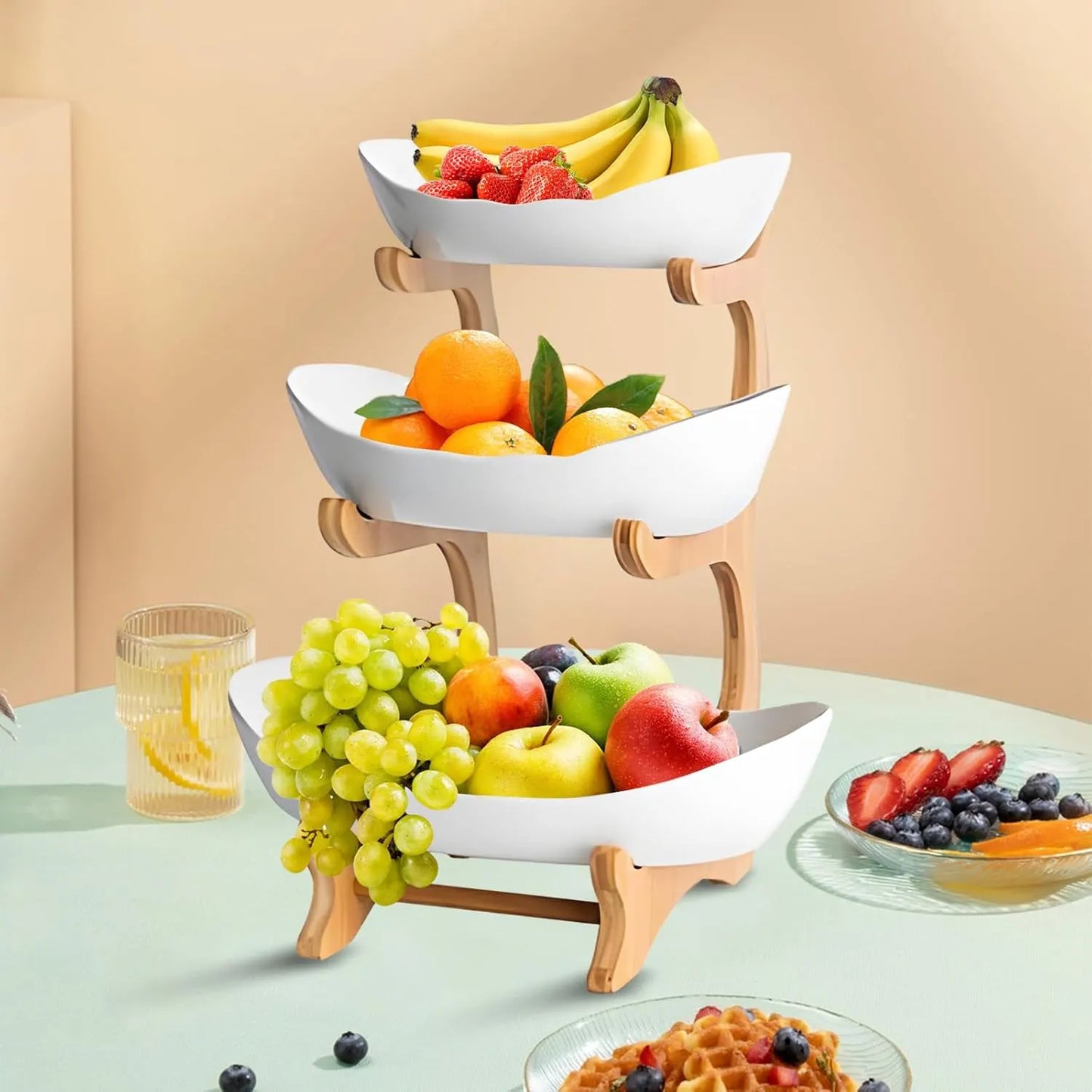 CARLA HOME 3-Tier Plastic Fruit Bowl Basket with Bamboo Stand for Kitchen Counter, Snack Tray, Dessert Server & Vegetable Storage Rack - Image 4