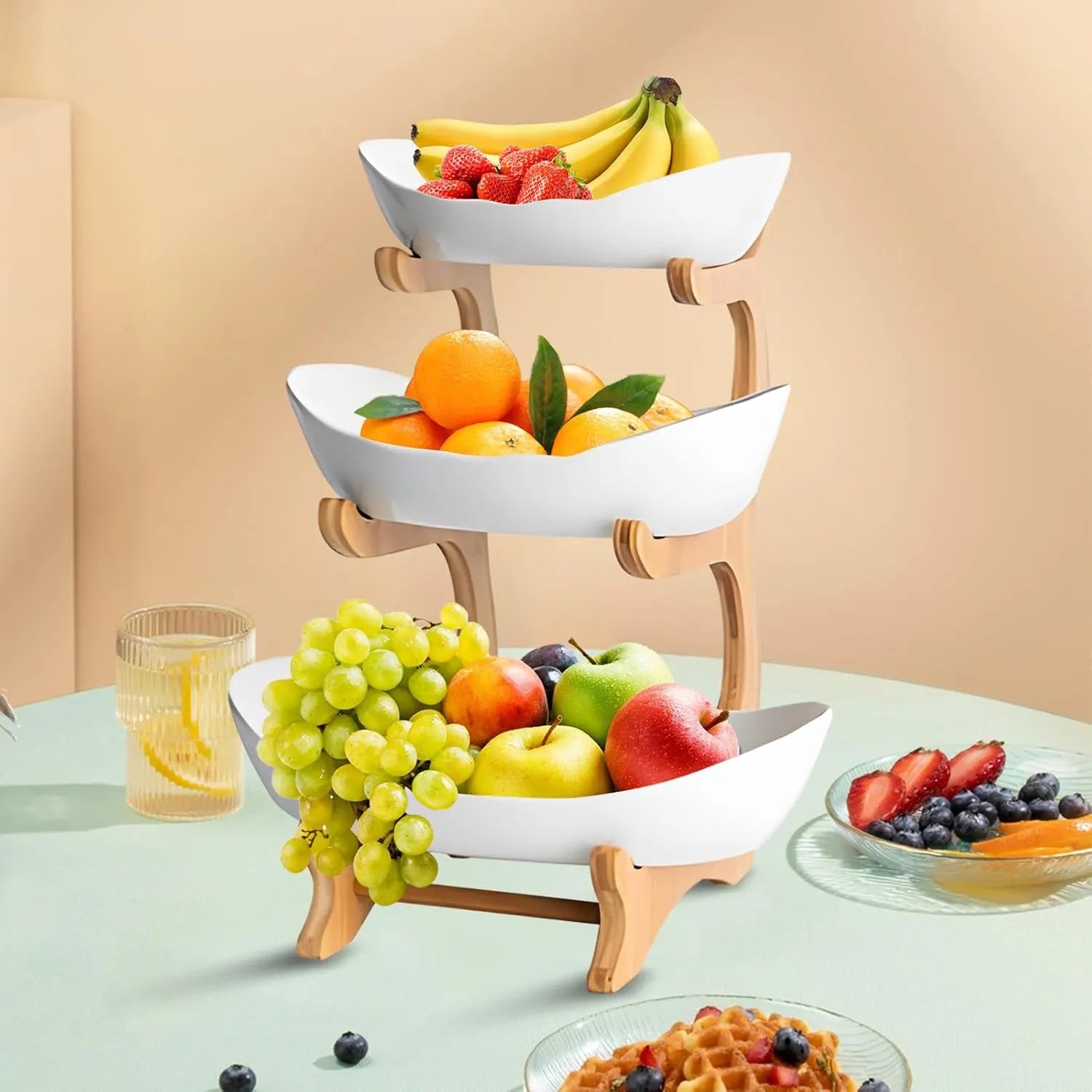 CARLA HOME 3-Tier Plastic Fruit Bowl Basket with Bamboo Stand for Kitchen Counter, Snack Tray, Dessert Server & Vegetable Storage Rack - Image 4