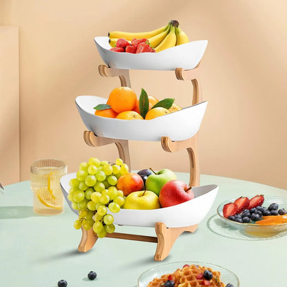 CARLA HOME 3-Tier Plastic Fruit Bowl Basket with Bamboo Stand for Kitchen Counter, Snack Tray, Dessert Server & Vegetable Storage Rack - Image 4