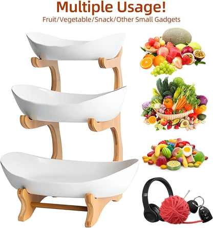 CARLA HOME 3-Tier Plastic Fruit Bowl Basket with Bamboo Stand for Kitchen Counter, Snack Tray, Dessert Server & Vegetable Storage Rack - Image 5